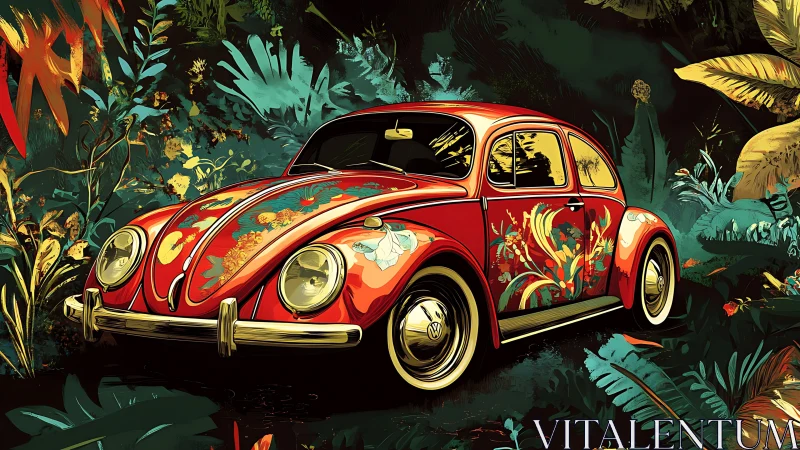 Red vintage car with floral graphics in dense foliage scene.
