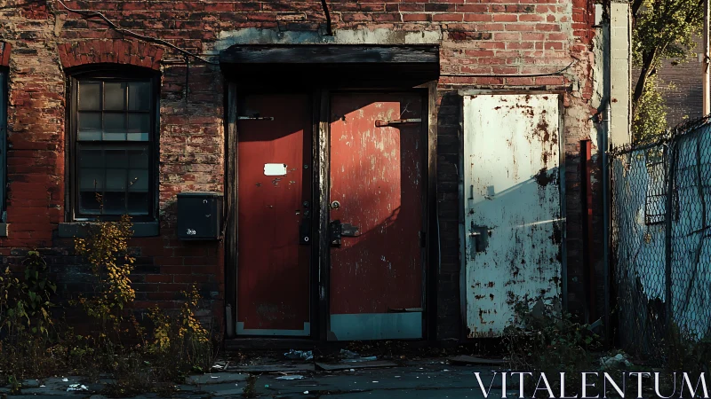 Weathered brick alley doors catch late afternoon slanting light