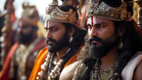 Regal warrior close-up with ornate crown and sacred tilaka