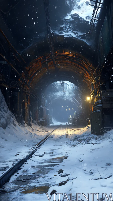 Snow covered industrial tunnel with distant blue light.