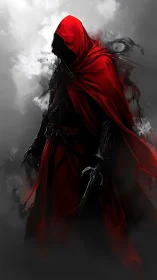 Hooded dark warrior in red cloak amid swirling smoke.