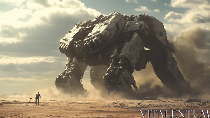 Colossal quadruped mech advancing on dusty alien plain.