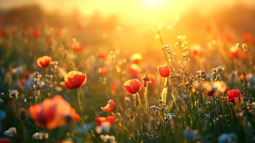 Red Poppies Bathed in Golden Sunrise Light.