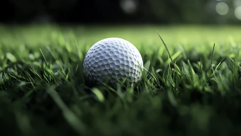Quiet golf ball resting in sunlit grass before the swing.