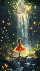 Girl in orange dress stands before luminous enchanted waterfall