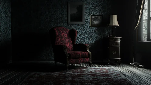 Velvet wingback chair in dim vignette-lit vintage parlor.