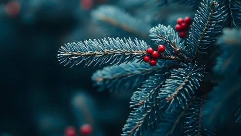 Scarlet berries whisper quietly through teal winter needles
