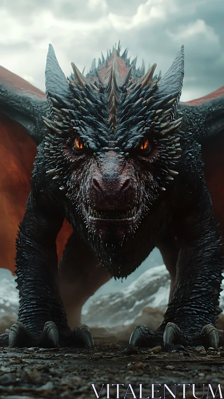 Fierce mountain dragon meets your gaze with fiery patience.