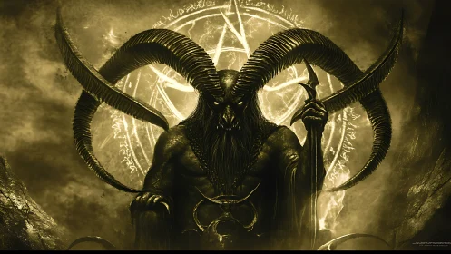 Horned demon lord broods before blazing occult sigil