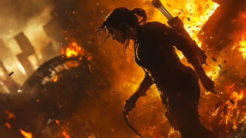 Flame-lit archer strides through a collapsing inferno cityscape
