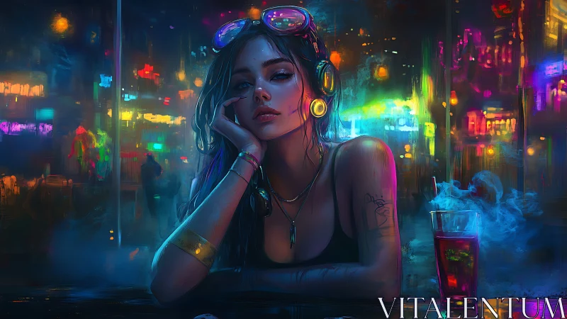 Cyberpunk woman rests at neon bar counter in night city