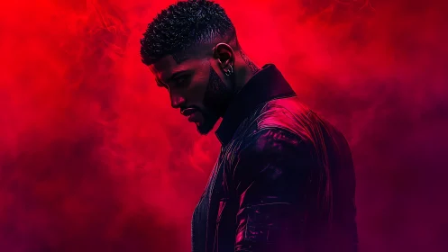 Brooding silhouette in neon crimson haze of electric night.