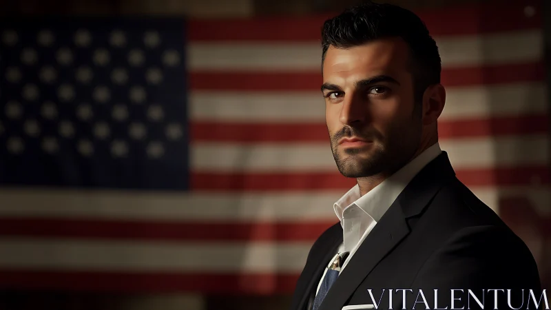 Businessman portrait before defocused American flag backdrop.