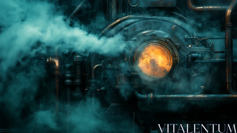 Steam boiler door glows amid teal industrial smoke