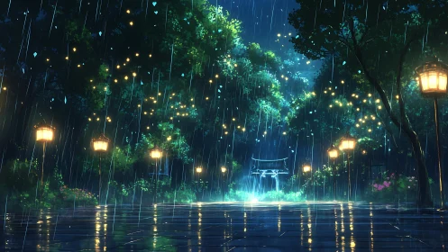 Lantern rainpath to a glowing forest shrine at midnight.