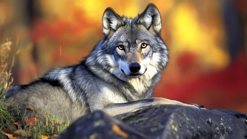 Wolf rests on mossy rock against glowing autumn forest.