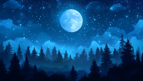 Full moon positioned above layered conifer forest silhouette