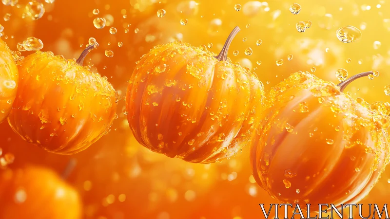 3D translucent pumpkins in effervescent liquid suspension.