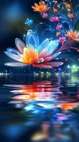 Radiant dreamlike lotus opens over water in shimmering color