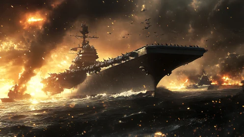War-torn carrier cutting through a storm of molten sky.