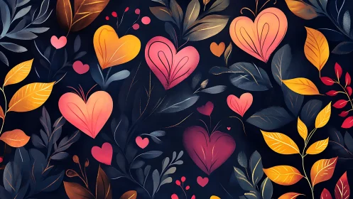 Heart shapes and autumn leaves on dark floral background.
