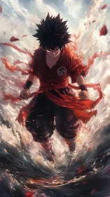 Intense anime fighter in red gi amid surging water.