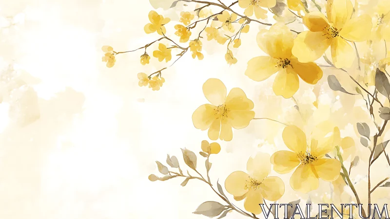 Yellow blossoms overlay soft watercolor background space