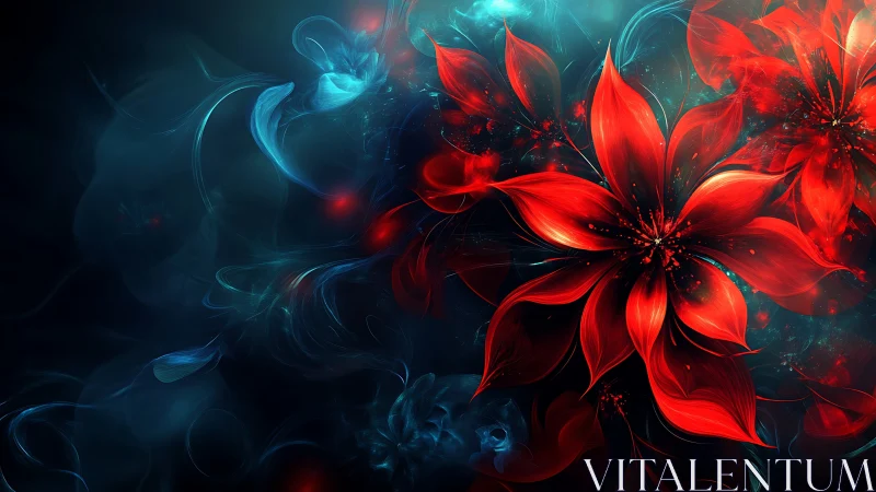 Crimson starflowers ignite in deep teal cosmic mist.