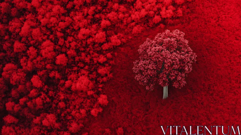 Solitary crimson tree dreams loudly beside a red forest