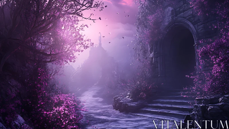 Twilight path leads to stone archway beside distant statue