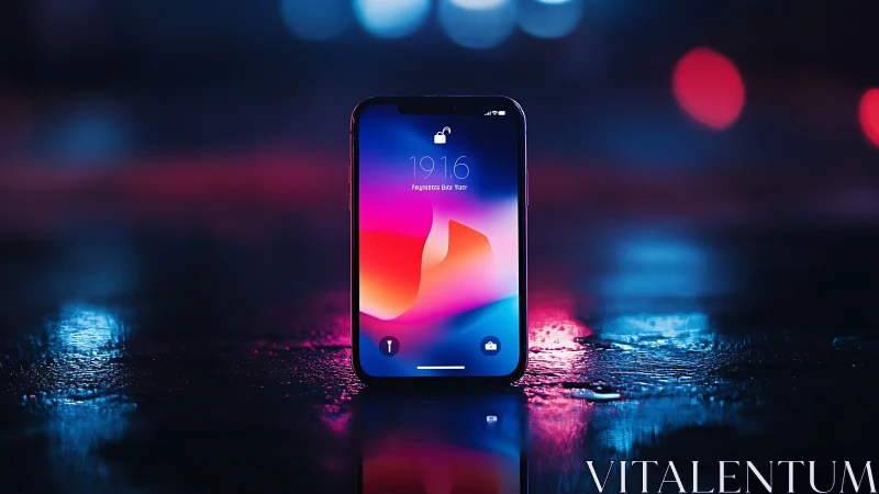 iPhone Displaying Vibrant Gradient Wallpaper Under Neon Bokeh.