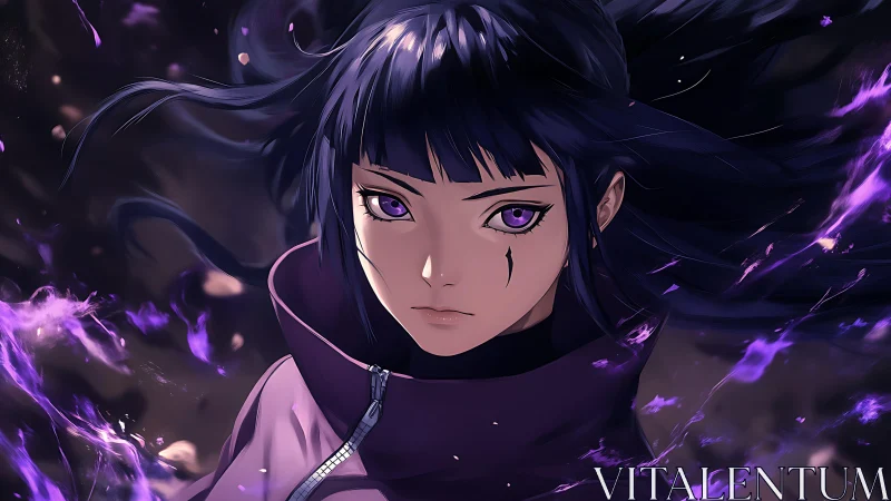 Purple eyed character in dark coat with floating hair.