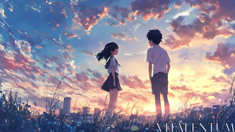 Two students stand in a field overlooking a city at sunset