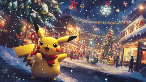 Pikachu celebrates snowy Christmas street under festive lights