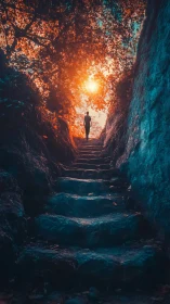 Chromatic stone stair ascent toward backlit arboreal aperture.