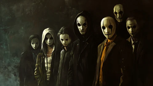 Masked figures in hooded coats forming ominous lineup.