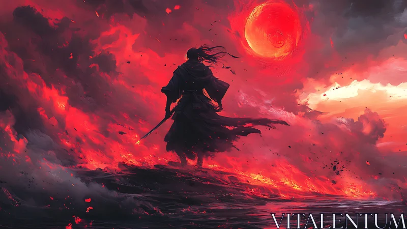 Lone swordbearer drinks in the red storm of a dying sun