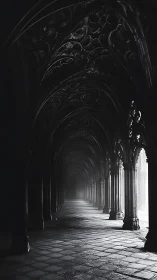 Gothic stone corridor receding into misty white light.