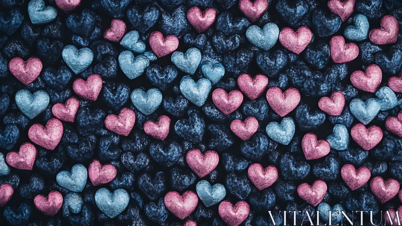 Vibrant hearts in pink, blue, and navy create a dreamy romantic pattern.