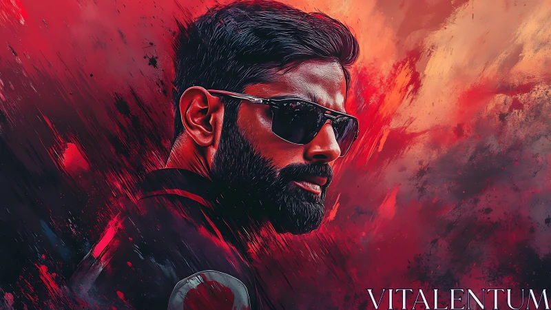 Stylized male portrait in dynamic red brushstroke environment.