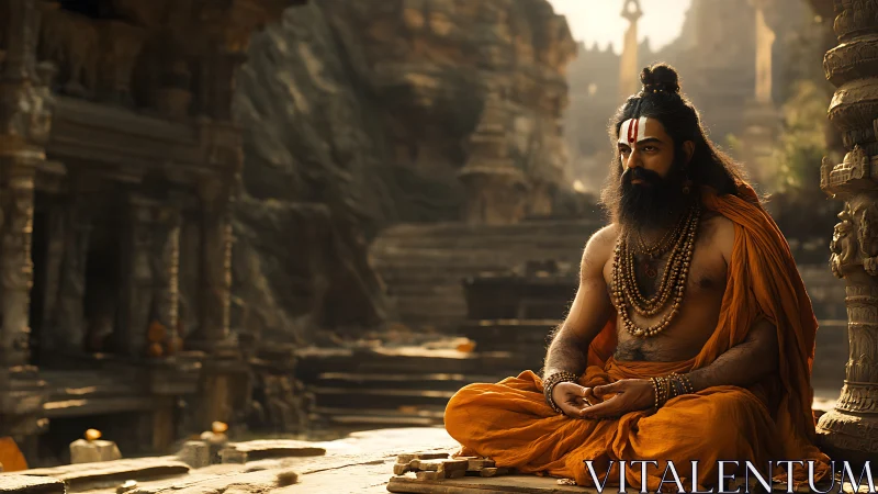 Bearded ascetic in orange robes seated in ancient stone temple.