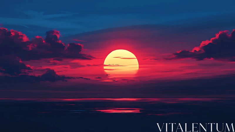 Sun melts into magenta seas, brushing clouds with neon fire