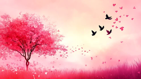 Pink tree releases heart-shaped petals with birds in flight