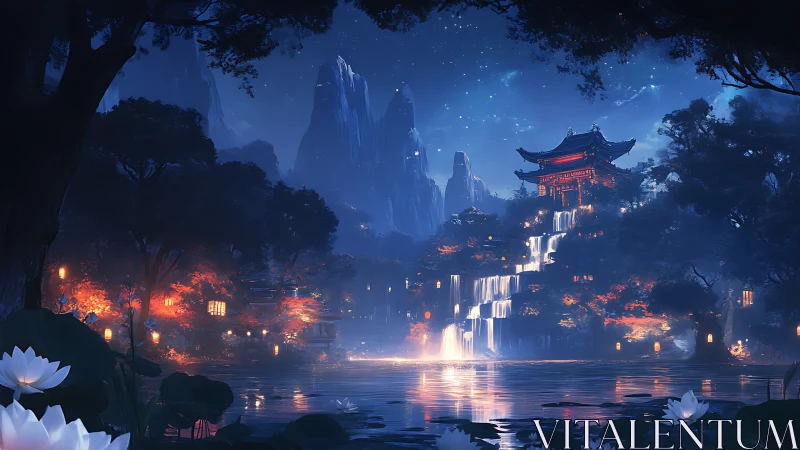 Moonlit temple above cascading waterfalls in forest valley.