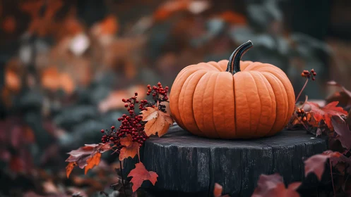 Cozy autumn pumpkin rests on a rustic woodland tree stump
