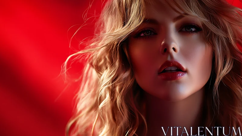 Luminous portrait of woman against vivid red backdrop.