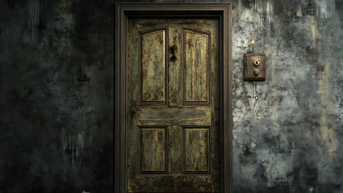 Weathered wooden door on stained concrete wall surface.