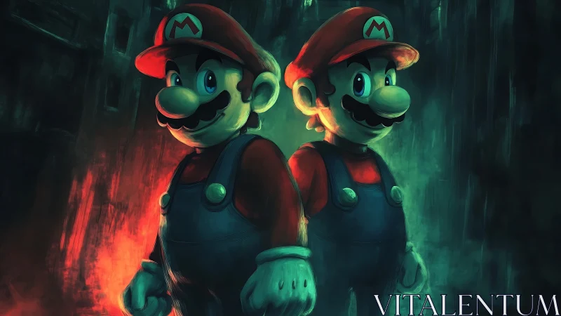 Dual cartoon plumbers in moody red green rim lighting portrait