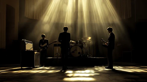 Backlit band in golden rehearsal hall, shadows tuning silence.