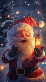 Digital painting of glowing Santa Claus in winter lantern light.